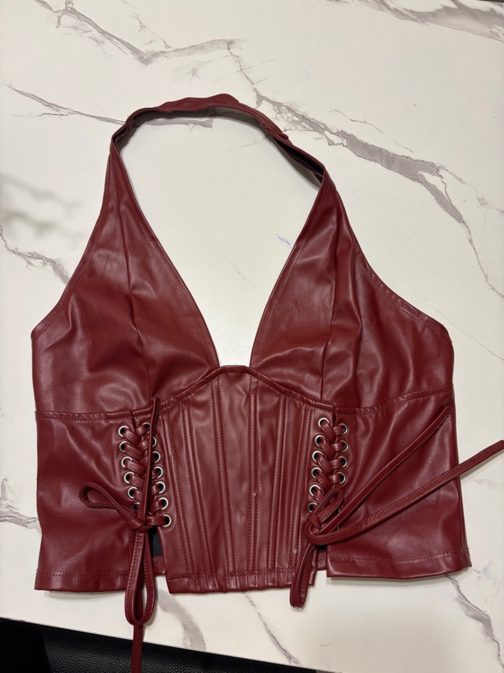 SHEIN Wine Red Faux Leather Halter Corset Crop Top